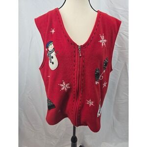 Capacity Women's Red‎ Fleece Vest Snowman Snowflake Mitten Ugly Christmas XL